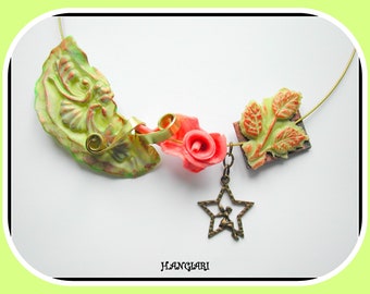 Collier, tour de cou, large, en porcelaine froide, vert anis//saumon, plastron vert,cadeau de Noel ou cadeau collier original