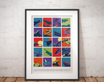 May include: A colorful poster featuring a grid of 25 different airplane silhouettes, each with a unique color scheme. The airplanes are arranged in a grid pattern, with each square having a different color. The poster includes the text "1. B-52 Stratofortress, 2. Red Arrows, 3. English Electric Lightning, 4. Concorde, 5. Lancaster, 6. Wright Flyer, 7. Sopwith Camel, 8. Hawker Hurricane, 9. Supermarine Spitfire, 10. Eurofighter Typhoon, 11. Messerschmitt Bf 109, 12. F-16 Fighting Falcon, 13. McDonnell Douglas F-15 Eagle, 14. Lockheed SR-71 Blackbird, 15. Boeing 747, 16. Airbus A380, 17. Boeing 787 Dreamliner, 18. Boeing 737, 19. Airbus A320, 20. De Havilland DH-82 Tiger Moth, 21. Avro Lancaster, 22. Boeing B-17 Flying Fortress, 23. Douglas DC-3, 24. Lockheed C-130 Hercules, 25. Boeing 777".