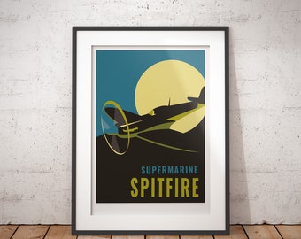 Spitfire Supermarine  - signed art print, aviation art, plane, aeroplane, travel poster