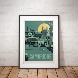 May include: A green and yellow illustrated poster featuring a cityscape of Cambridge, England. The poster has the word "CAMBRIDGE" in white text at the bottom.