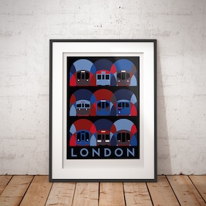 May include: A framed print with a black background featuring a stylized design of nine London Underground trains in red, blue, and gray colors. The trains are arranged in three rows of three, with each train partially obscured by a semi-circular archway. The word "LONDON" is printed in white at the bottom of the print.