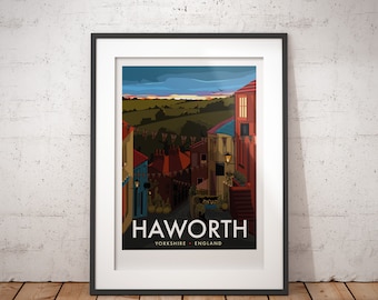 Puede incluir: Una ilustración colorida de un pueblo en Haworth, Yorkshire, Inglaterra. La imagen presenta una calle bordeada de edificios, con una vista de colinas onduladas en el fondo. El texto "Haworth, Yorkshire, England" está impreso en la parte inferior de la imagen.