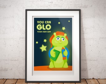 Lámina artística de Glo Worm: póster de viaje nostálgico de los 80 firmado