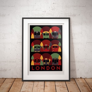 May include: A colorful poster with a black background featuring a stylized illustration of London Underground trains in tunnels. The poster has the word "LONDON" in red letters at the bottom.