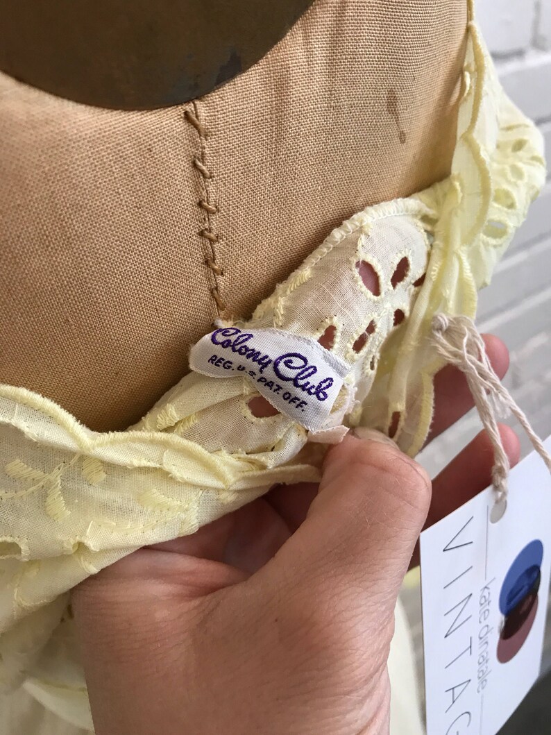 1950s Yellow Eyelet Nightgown 40s Yellow Eyelet Gown with Satin Straps and Sash Vintage 1950s Colony Club Sheer Night Gown