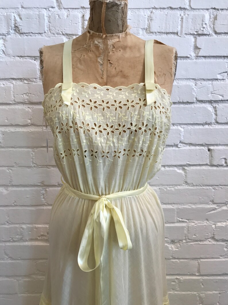 1950s Yellow Eyelet Nightgown 40s Yellow Eyelet Gown with Satin Straps and Sash Vintage 1950s Colony Club Sheer Night Gown