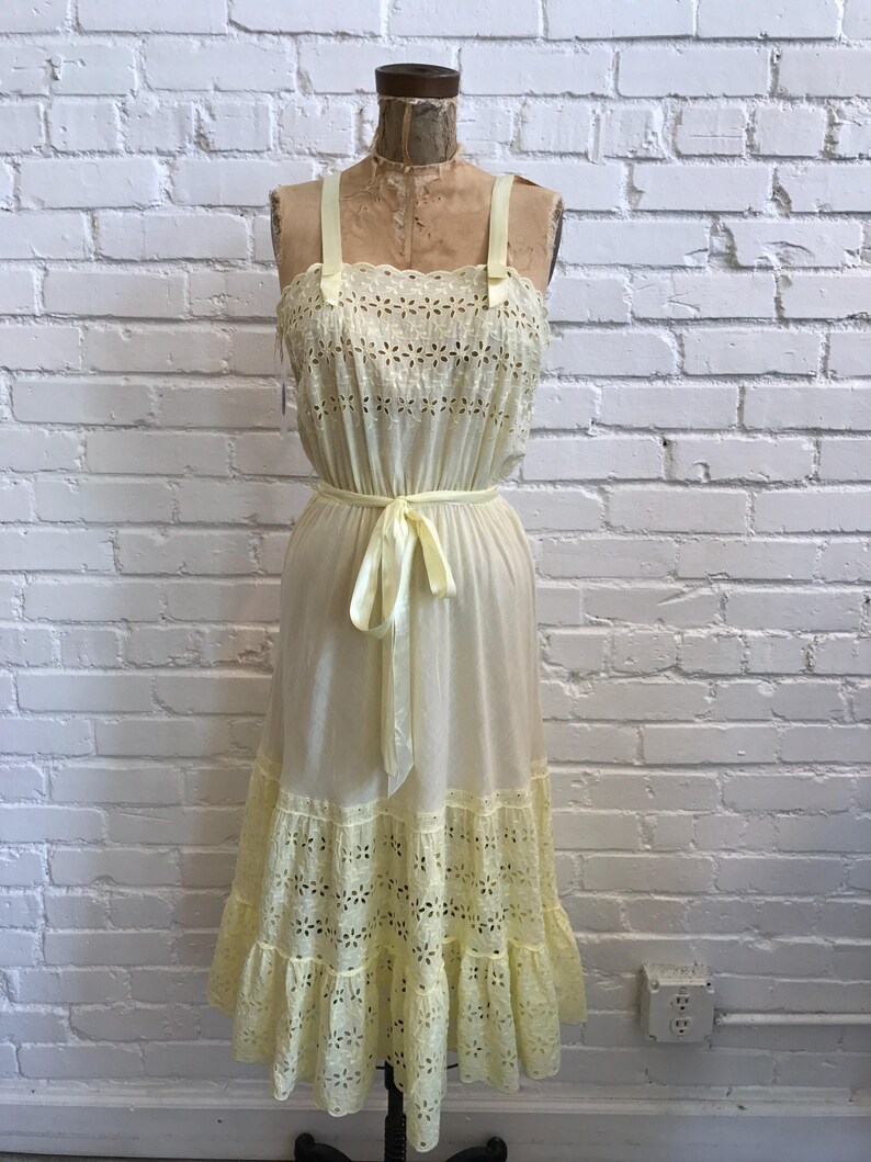 1950s Yellow Eyelet Nightgown 40s Yellow Eyelet Gown with Satin Straps and Sash Vintage 1950s Colony Club Sheer Night Gown