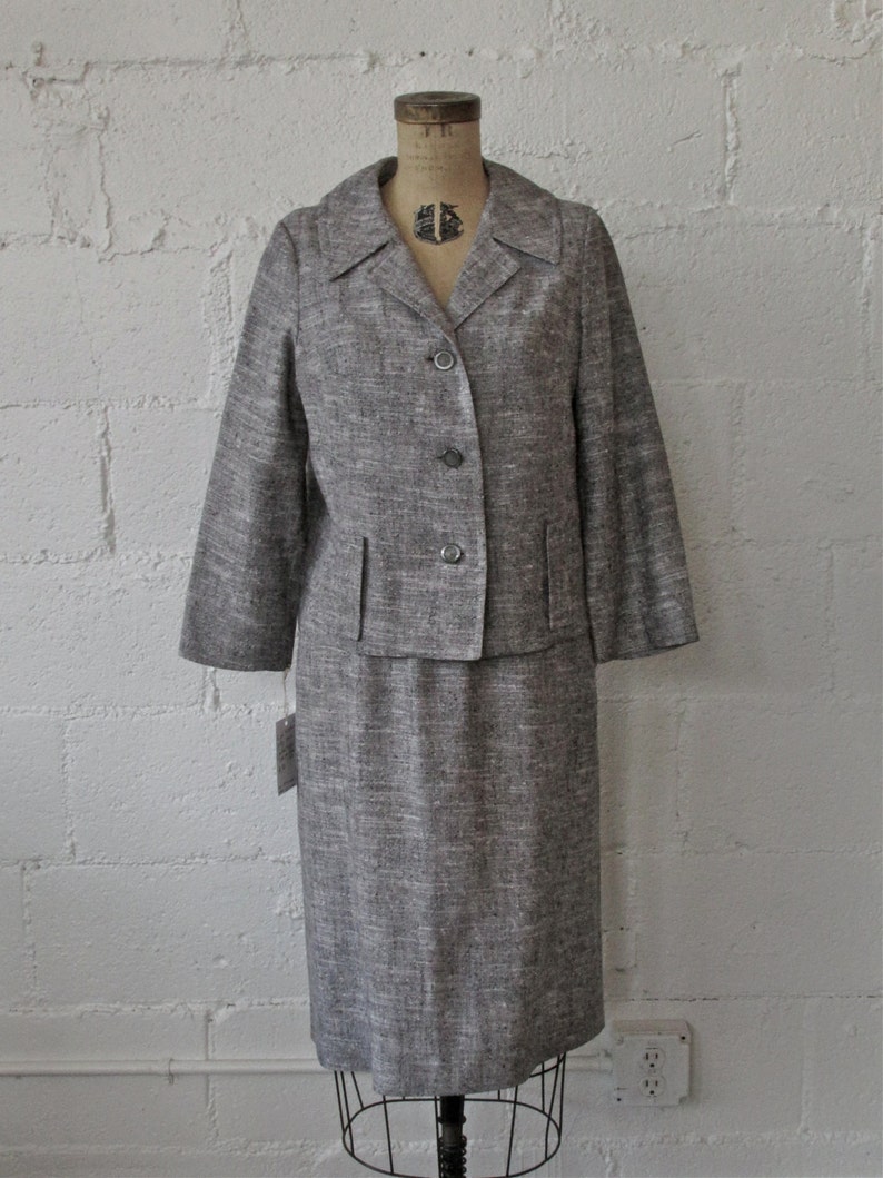 1950s Grey Linen 2 Piece Set 50s Heather Gray Jacket and Skirt Set Vintage 1950s Matching Suit