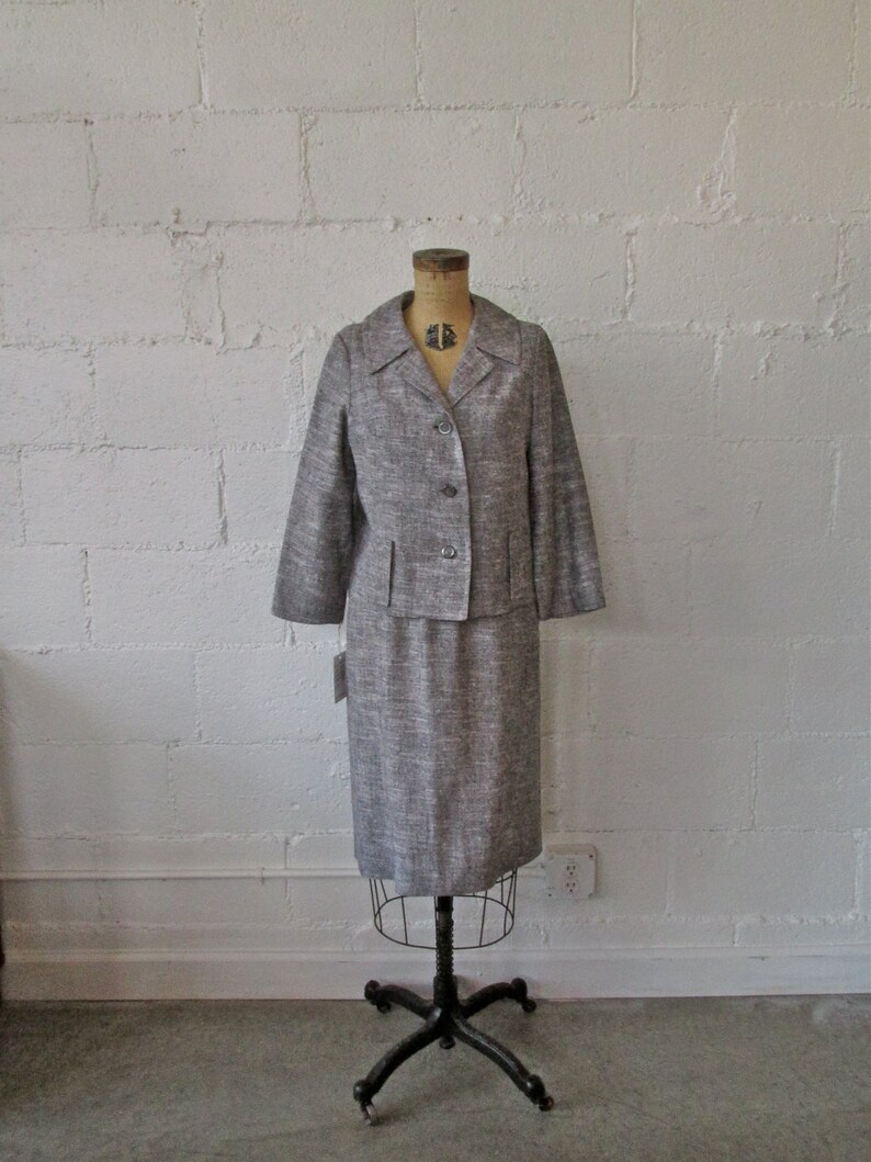 1950s Grey Linen 2 Piece Set 50s Heather Gray Jacket and Skirt Set Vintage 1950s Matching Suit