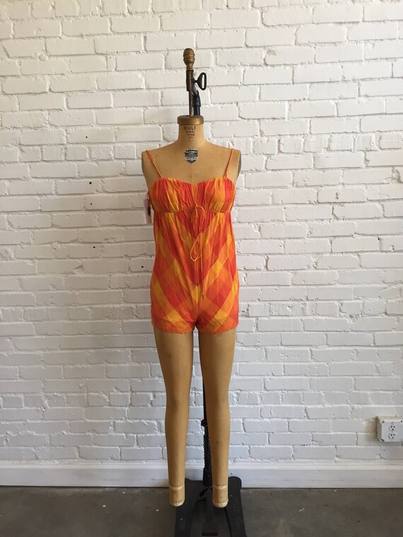 1960s Orange Playsuit Romper // 60s Cotton Swimsui