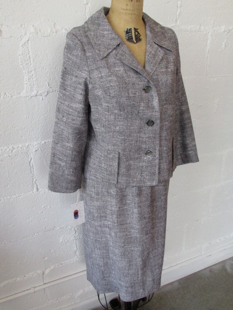 1950s Grey Linen 2 Piece Set 50s Heather Gray Jacket and Skirt Set Vintage 1950s Matching Suit
