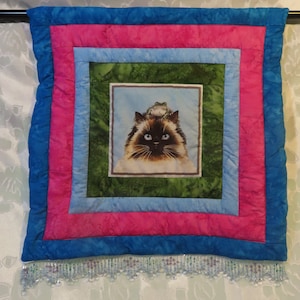 May include: A blue, pink, and green quilted wall hanging with a beaded fringe. The center of the hanging features a brown and white cat with a green frog on its head.