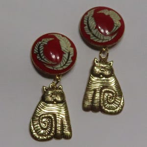 Laurel Burch Shambala Cat, Red Palm Leaves Earrings, Cat Lover Gift