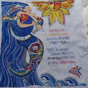 Laurel Burch Sea Goddess Fabric Panel, Vintage Laurel Burch fabric, OOP Laurel Burch