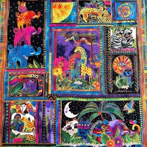 May include: A colorful patchwork fabric featuring a variety of animals, including elephants, giraffes, zebras, and lions. The fabric is decorated with bright colors and intricate patterns, creating a vibrant and whimsical design.