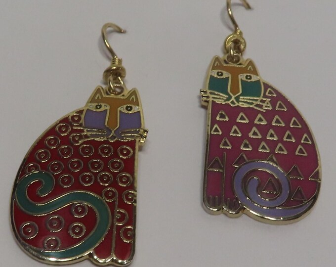 Vintage 70s Laurel Burch Leopard Cheetah Cat Earrings Sterling Silver Cloisonne Drops