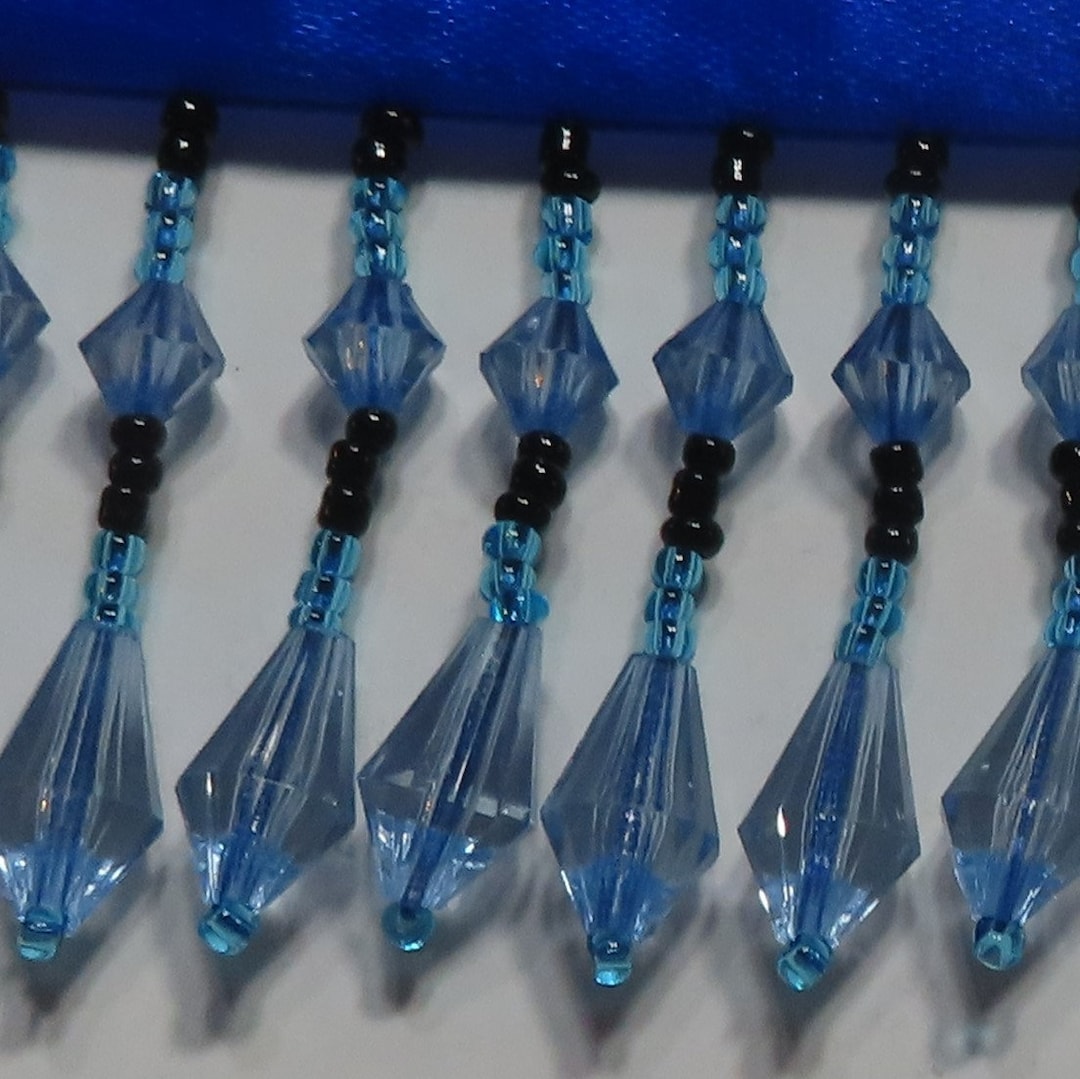 Blue Bead Fringe, Black Glass Bead Trim, Lampshade Trim, Drapery Trim