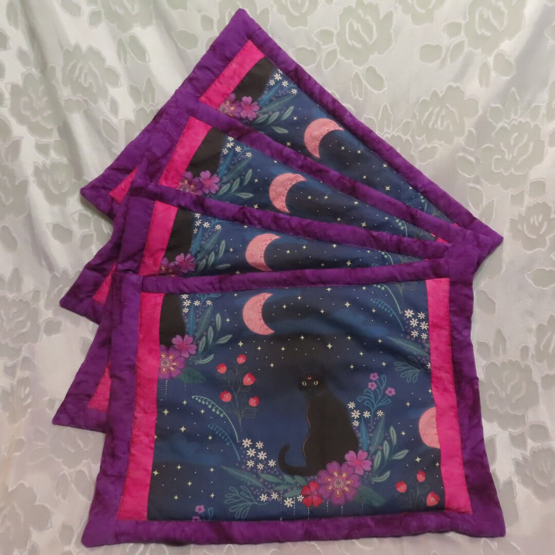 Black Cat Placemat Set, Cat in Midnight Garden, Cat Lover Gift