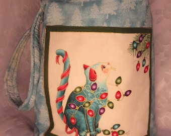 Christmas Cat Crossbody Bag, Cat lover gift, Cat shoulder bag, Christmas Tree Purse, Reversible blue project tote