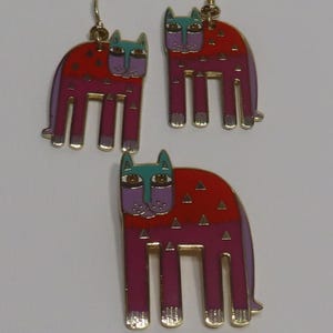 Laurel Burch Red Alexander&#39;s Animal, Cat Brooch & Earrings Set, Cat Lover Gift