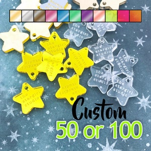Custom Jewelry Tags - star shaped, CHOOSE 1 COLOR, qty 50 or 100, clear, mirrored, neon, your text, engraved, cabochons, laser cut acrylic