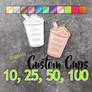 Custom Cup Tags - 4 styles, CHOOSE 1 COLOR, bulk, clear, mirrored, neon, your text, engraved, tumbler, charms, coffee, tumbler