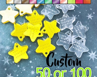 Custom Jewelry Tags - star shaped, CHOOSE 1 COLOR, qty 50 or 100, clear, mirrored, neon, your text, engraved, cabochons, laser cut acrylic