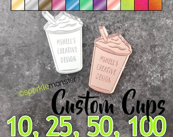 Custom Cup Tags - 4 styles, CHOOSE 1 COLOR, bulk, clear, mirrored, neon, your text, engraved, tumbler, charms, coffee, tumbler