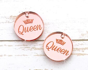 Queen and Crown - charms, 2 pcs, rose gold mirror, pendants, laser cut acrylic, DIY jewelry