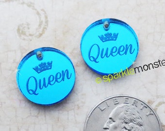 Queen and Crown - charms, 2 pcs, blue mirror, pendants, laser cut acrylic, DIY jewelry