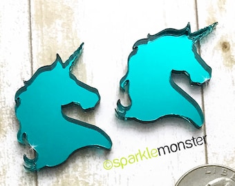 Unicorn Heads - flatback cabs for deco, teal mirror, laser cut acrylic, silhouette, horse, blue