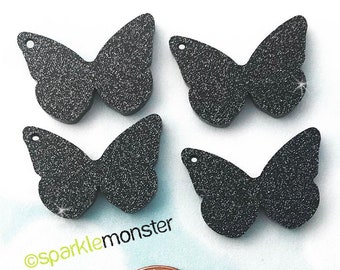 Black Glitter Butterfly Charms - 4 pcs, plastic, laser cut acrylic, cute, dangle, DIY jewelry