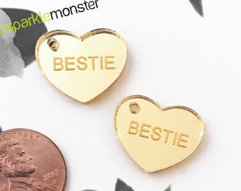 Conversation Hearts "Bestie" charms, 2 pcs, gold mirror, Valentines Day, laser cut acrylic, DIY jewelry