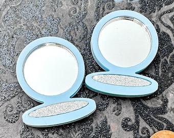 Faux Compact FULLY ASSEMBLED Cabochon for deco - 2 pcs, eyeshadow, decoden, real mirror, laser cut acrylic, crafting, blue, makeup