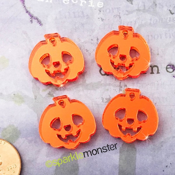 Pumpkin Charms - 4 pcs, orange mirror, laser cut acrylic, flat backs, Halloween, Jack O Lantern