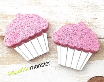 Layered Cupcake cabs for deco - 2 pcs, pink glitter, silver mirror, laser cut acrylic, kawaii, sweets