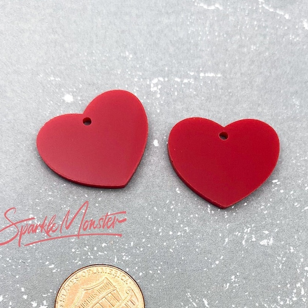 Heart Charms, 2 pcs, red, laser cut acrylic, Valentine, jewelry making