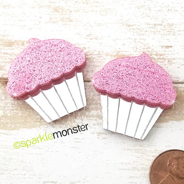 Layered Cupcake cabs for deco - 2 pcs, pink glitter, silver mirror, laser cut acrylic, kawaii, sweets