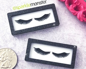 Faux Eyelashes Cabochons - 2 Stk., Deko, schwarzer Glitzer, Laser cut Acryl, Handyhülle, Makeup Thema