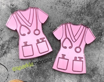 Medical Scrub Top - t-shirt cabs, deco, 2 pcs, pink mirror, cabochon, laser cut acrylic, phone case, jewelry making, nurse, hospital, resin