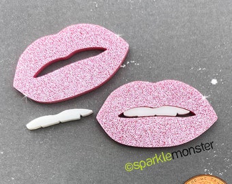 Lips with Teeth cabs for deco - 2 pcs, pink glitter, laser cut acrylic, kiss, large