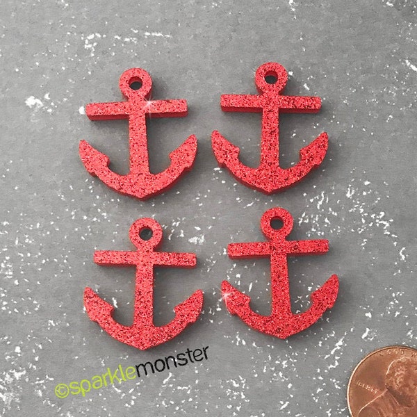 CLEARANCE Tattoo Style Anchors - 4 pcs, red micro glitter, laser cut acrylic, cabochons, charms, jewelry making