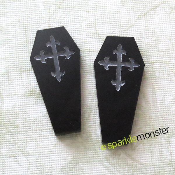 Coffins with Cross - 2 pcs, black, cabochons, laser cut acrylic, goth, noir