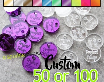 Custom Jewelry Tags, circle shaped, CHOOSE 1 COLOR, qty 50 or 100, clear, mirrored, neon, your text, engraved