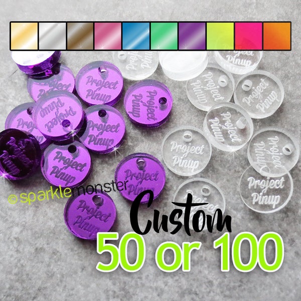 Custom Jewelry Tags, circle shaped, CHOOSE 1 COLOR, qty 50 or 100, clear, mirrored, neon, your text, engraved