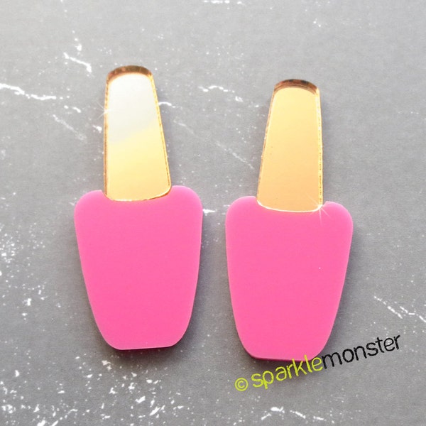 Pink Nail Polish cabs for deco - 2 pcs, gold mirror, laser cut acrylic, manicure