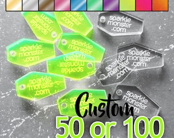 Custom Jewelry Tags - coffin shaped, CHOOSE 1 COLOR, qty 50 or 100, mirrored, neon, clear, your text, engraved