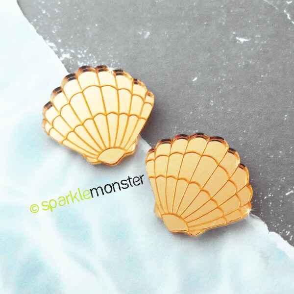 Small Shell Cabochons - 2 pcs, gold mirror, laser cut acrylic, mermaid, ocean, cabs, deco