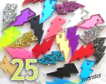 Mini Lightning Bolt charms or cabochons - 25 pcs, laser cut acrylic, random colors, lot, DIY