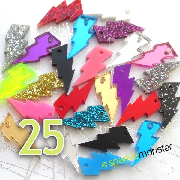 Mini Lightning Bolt charms or cabochons - 25 pcs, laser cut acrylic, random colors, lot, DIY